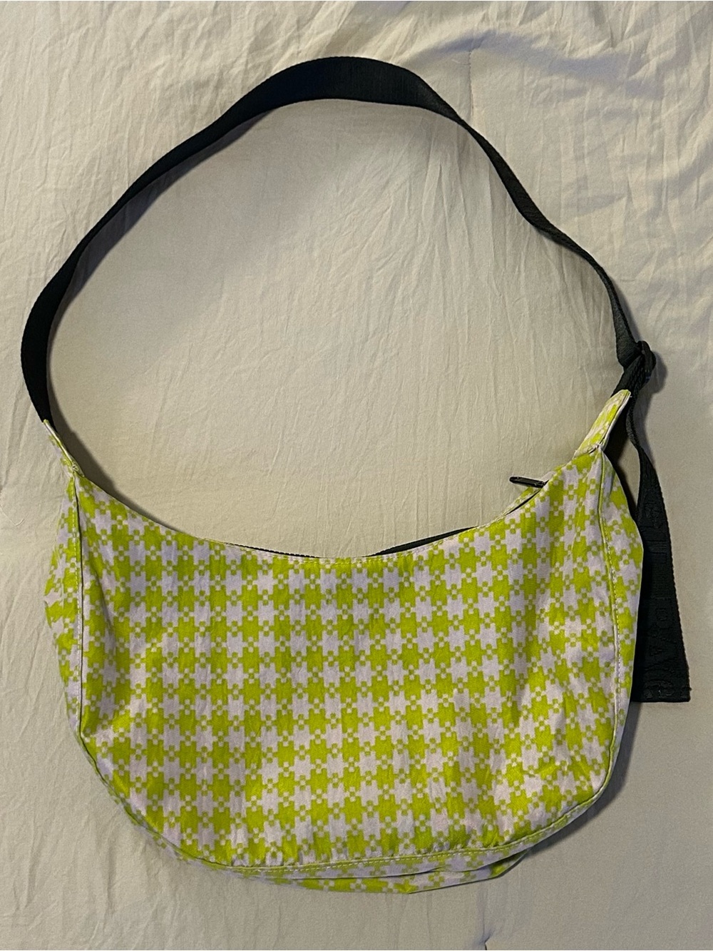 BAGGU Pink and Pistachio Pixel Gingham Crescent Bag
